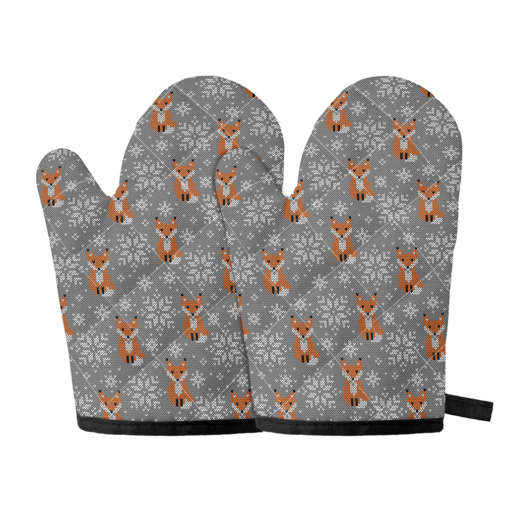 Snowy Fox Knitted Pattern Print Oven Mitts