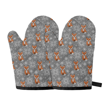 Snowy Fox Knitted Pattern Print Oven Mitts