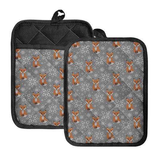 Snowy Fox Knitted Pattern Print Pot Holders With Pocket