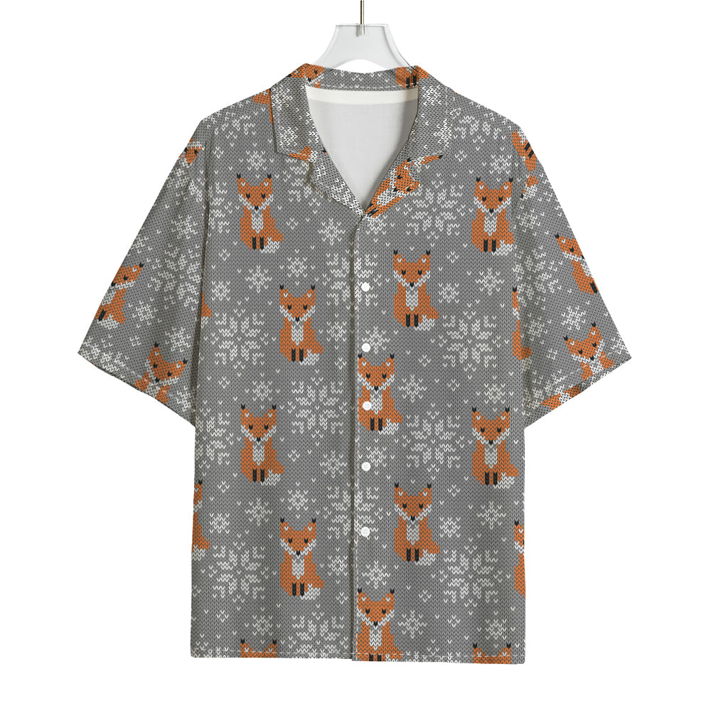 Snowy Fox Knitted Pattern Print Rayon Hawaiian Shirt