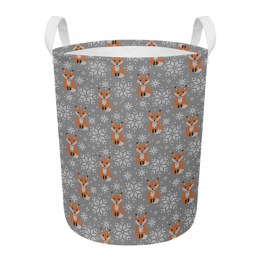 Snowy Fox Knitted Pattern Print Round Laundry Basket
