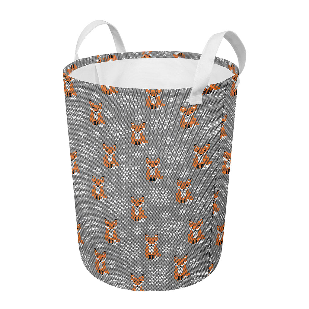 Snowy Fox Knitted Pattern Print Round Laundry Basket