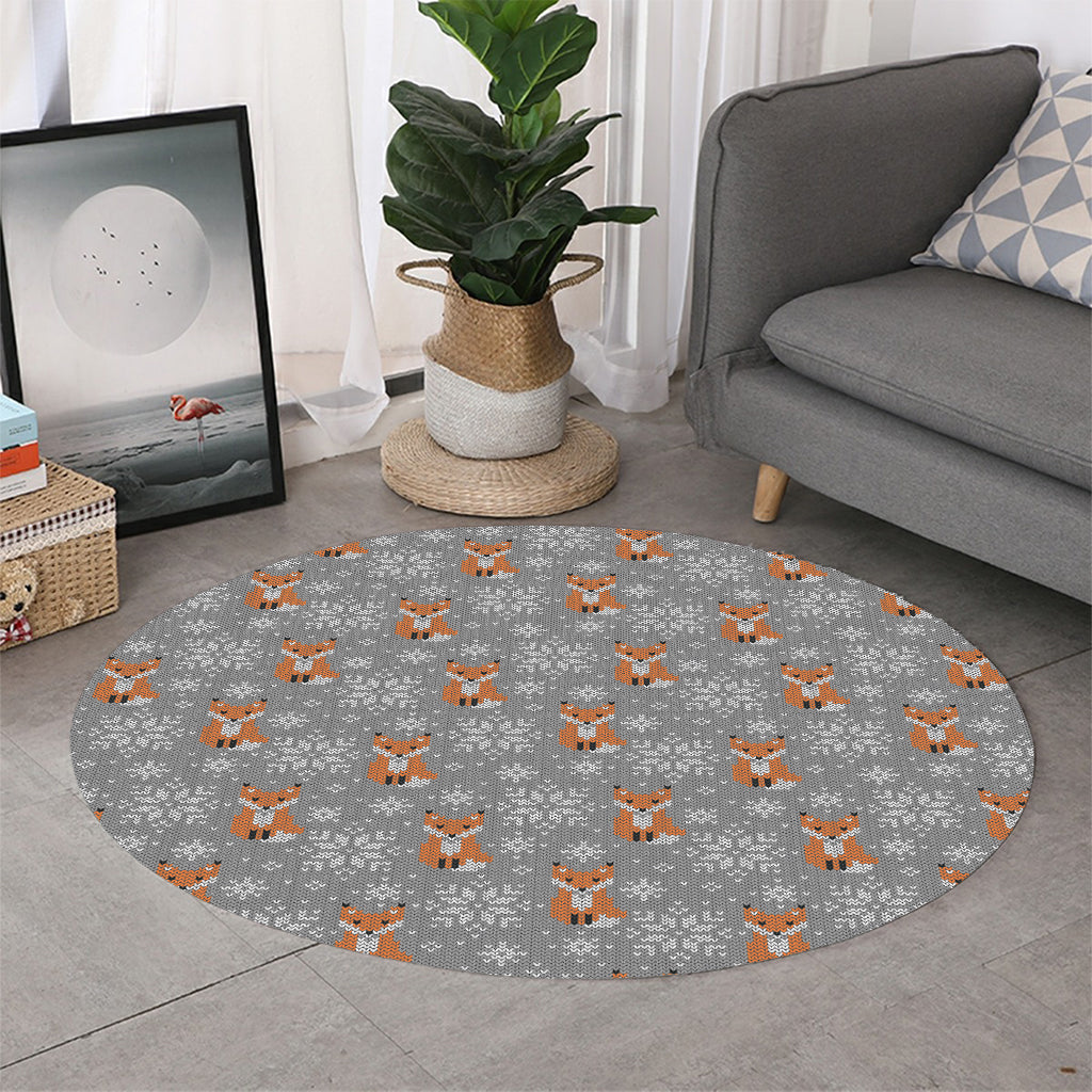 Snowy Fox Knitted Pattern Print Round Rug