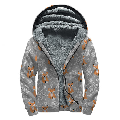Snowy Fox Knitted Pattern Print Sherpa Lined Zip Up Hoodie