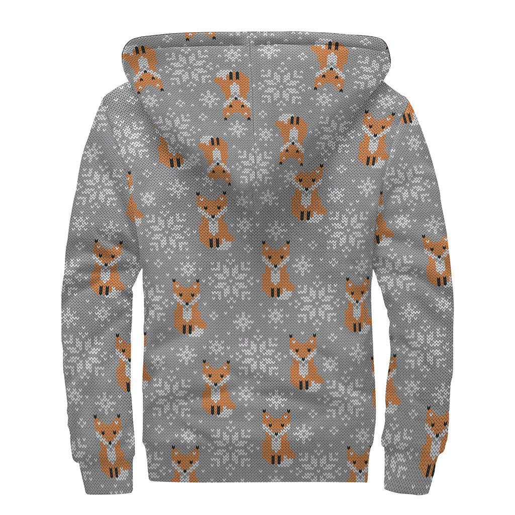Snowy Fox Knitted Pattern Print Sherpa Lined Zip Up Hoodie