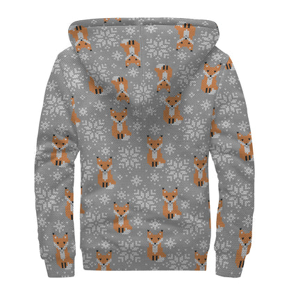 Snowy Fox Knitted Pattern Print Sherpa Lined Zip Up Hoodie
