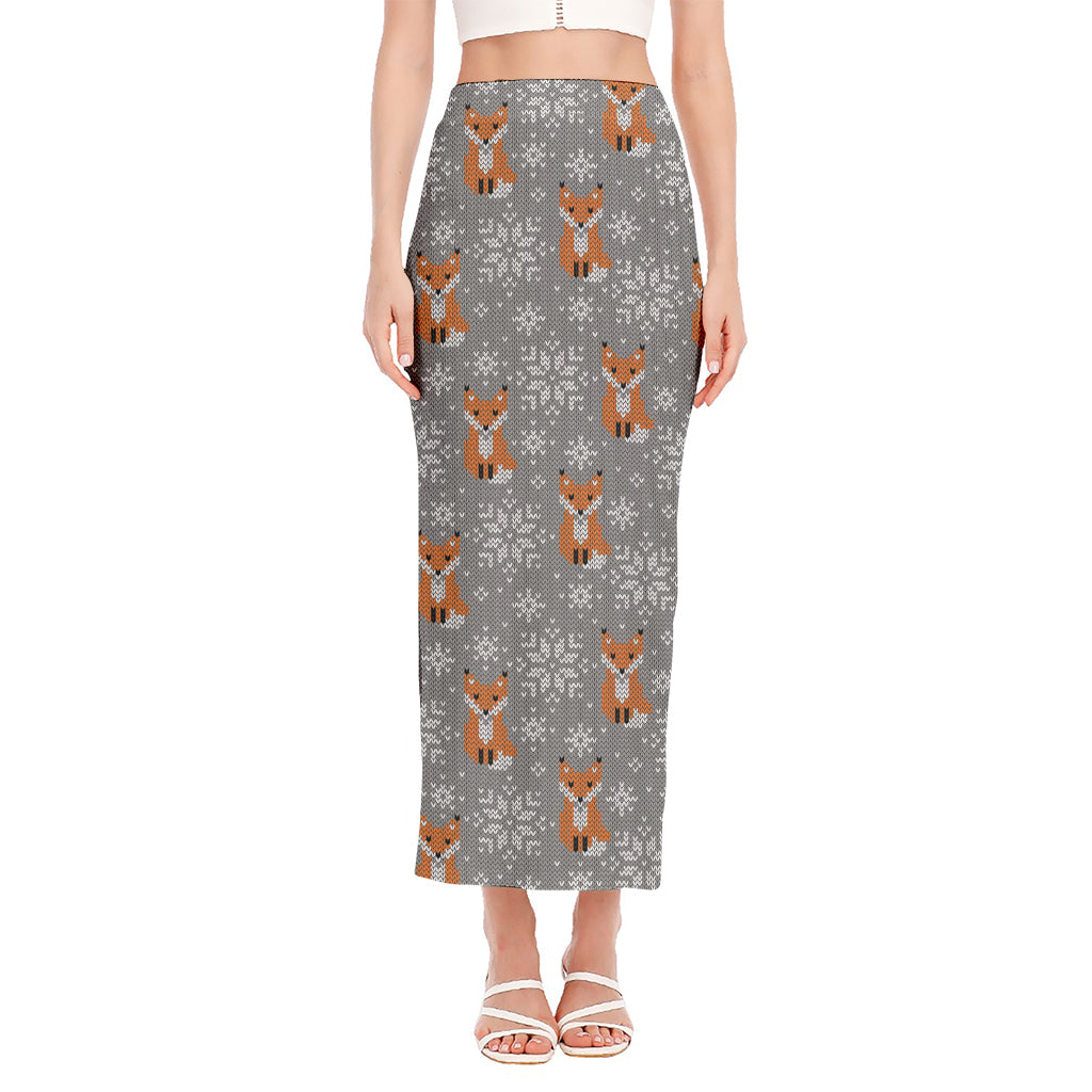 Snowy Fox Knitted Pattern Print Side Slit Maxi Skirt