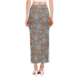 Snowy Fox Knitted Pattern Print Side Slit Maxi Skirt