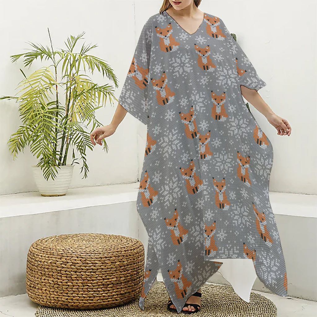 Snowy Fox Knitted Pattern Print Silk V-Neck Kaftan Dress