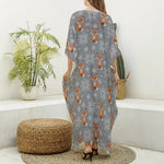 Snowy Fox Knitted Pattern Print Silk V-Neck Kaftan Dress