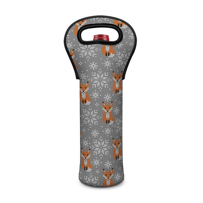 Snowy Fox Knitted Pattern Print Single Neoprene Wine Tote