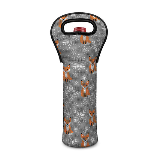 Snowy Fox Knitted Pattern Print Single Neoprene Wine Tote