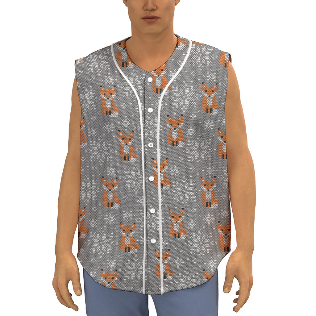 Snowy Fox Knitted Pattern Print Sleeveless Baseball Jersey