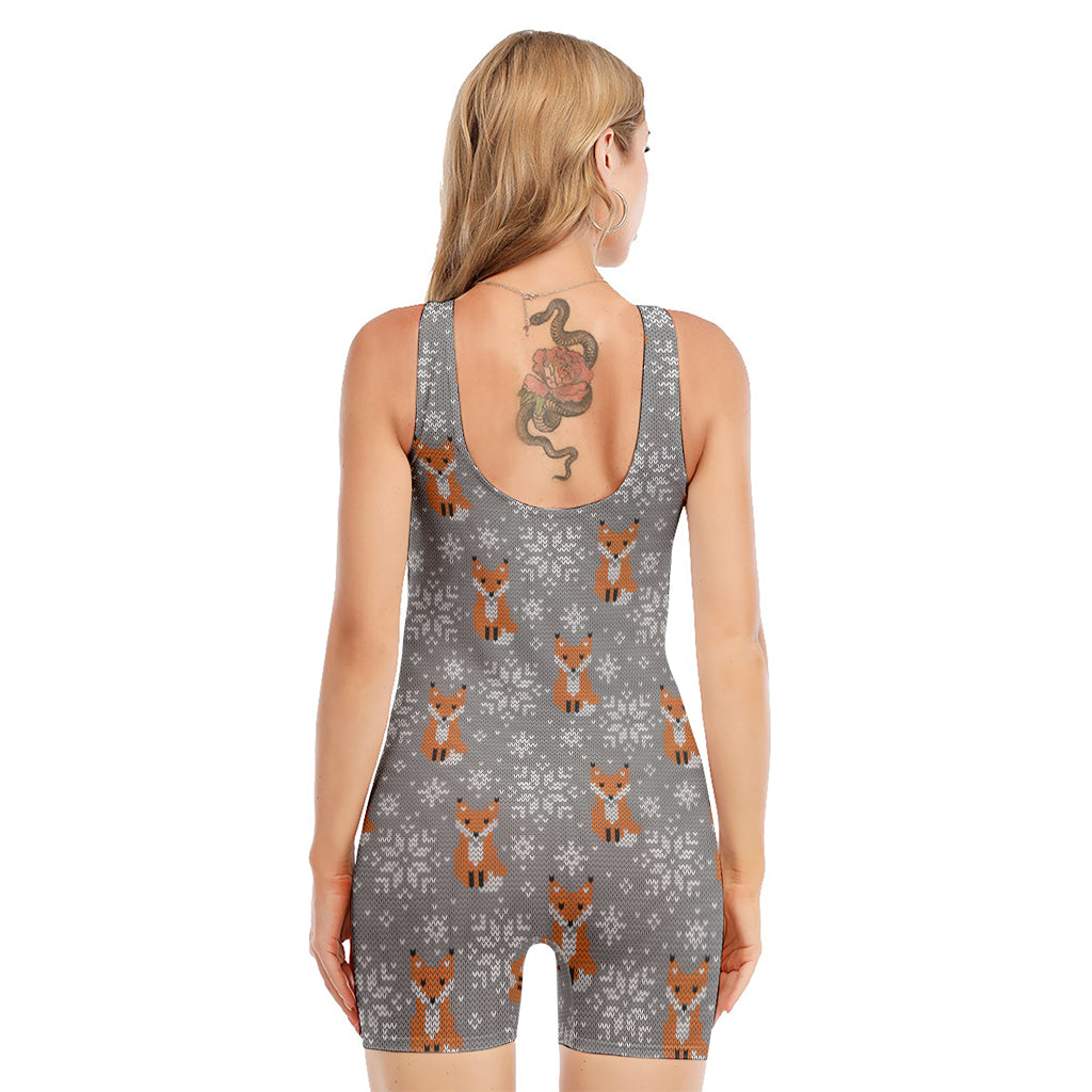 Snowy Fox Knitted Pattern Print Sleeveless One Piece Swimsuit