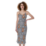 Snowy Fox Knitted Pattern Print Slim Fit Midi Cami Dress