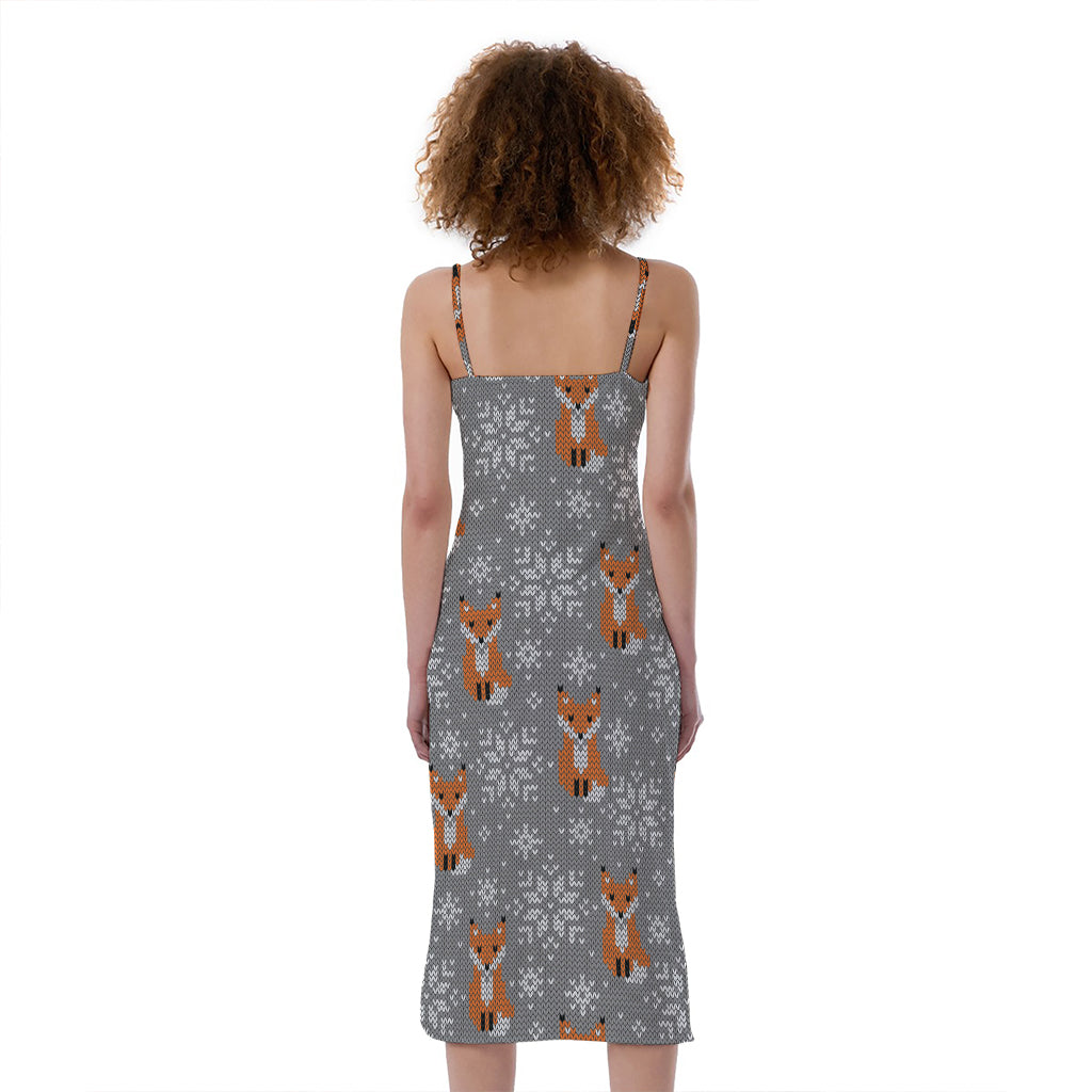 Snowy Fox Knitted Pattern Print Slim Fit Midi Cami Dress