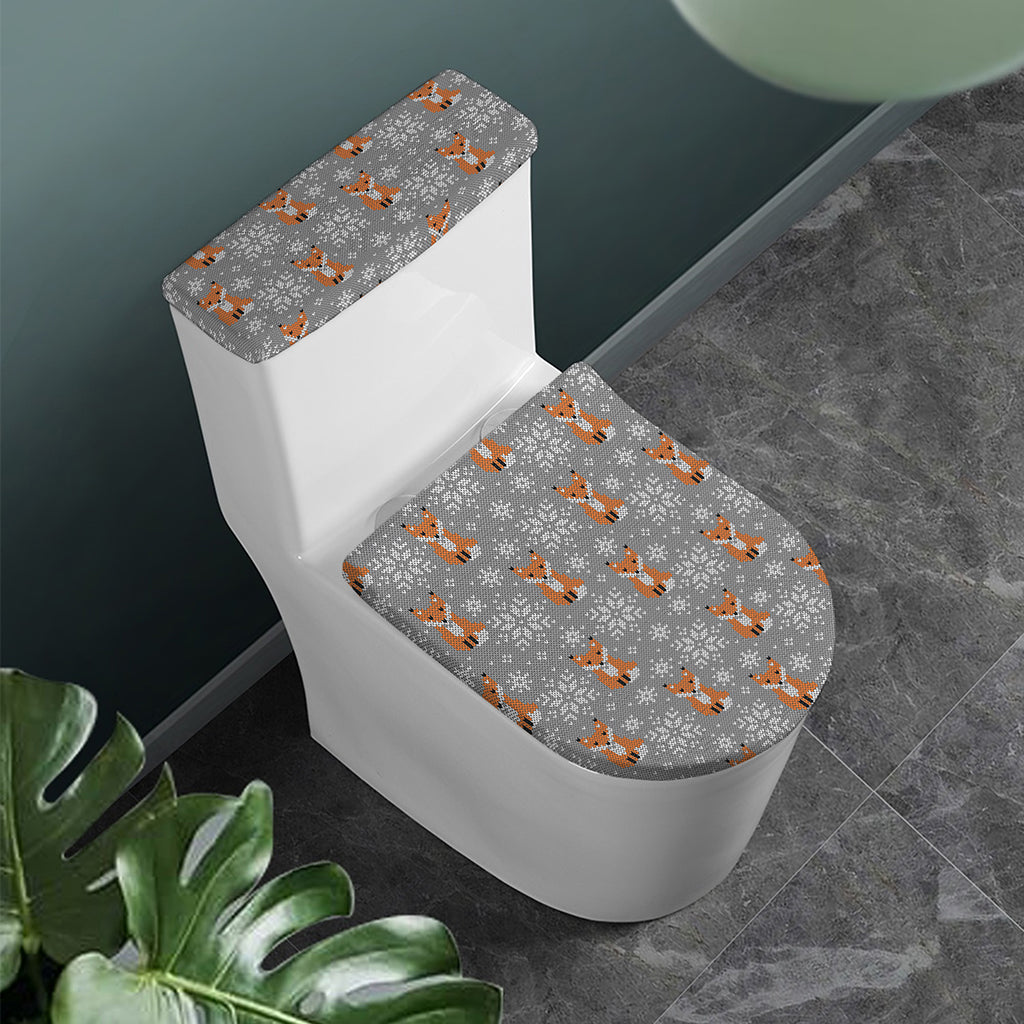 Snowy Fox Knitted Pattern Print Toilet Lid And Tank Cover Set