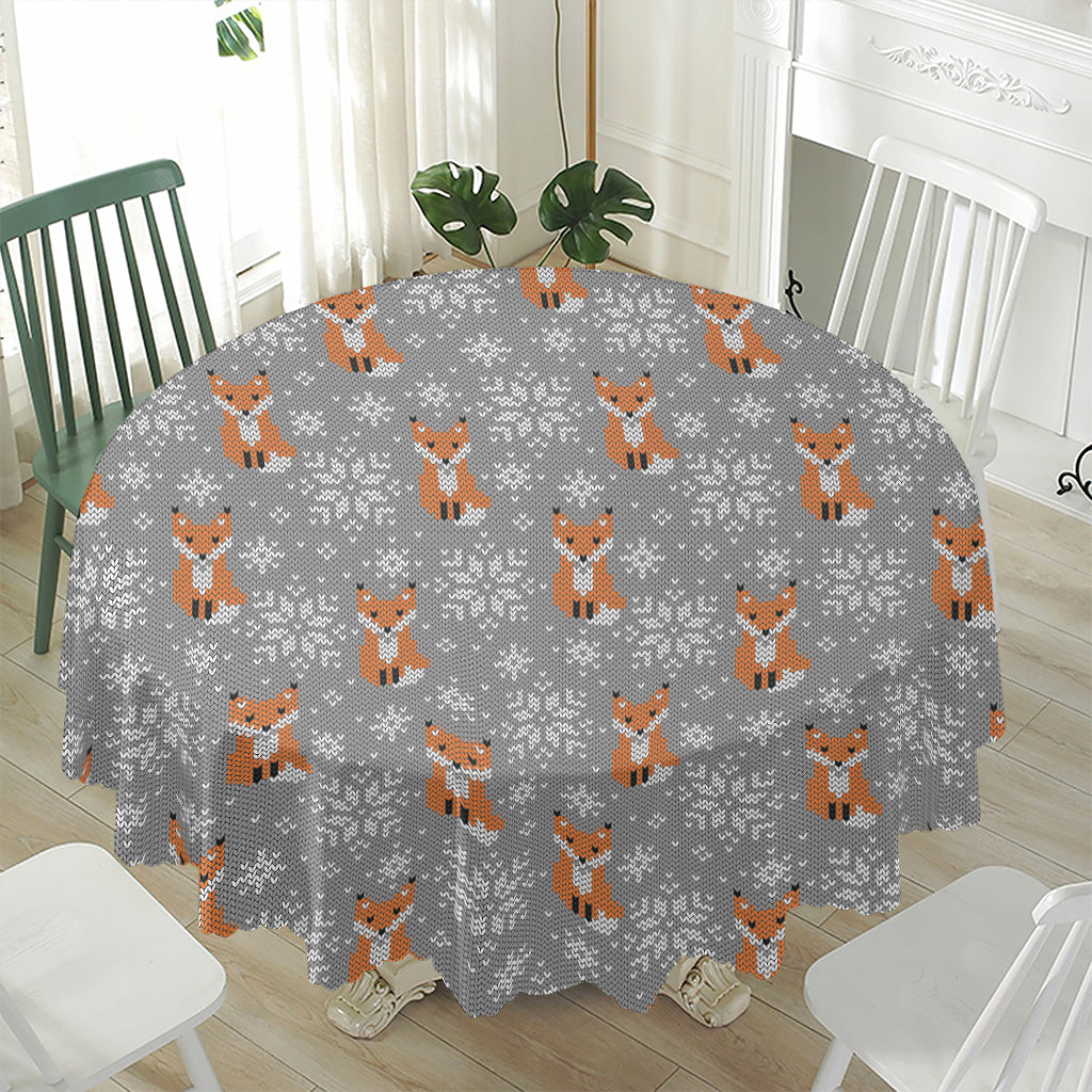 Snowy Fox Knitted Pattern Print Waterproof Round Tablecloth