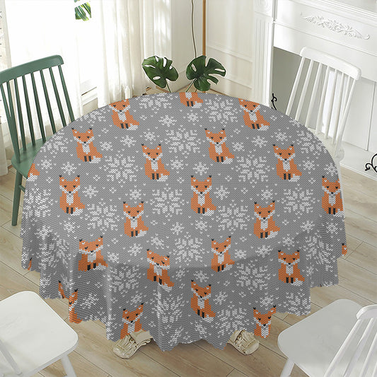 Snowy Fox Knitted Pattern Print Waterproof Round Tablecloth