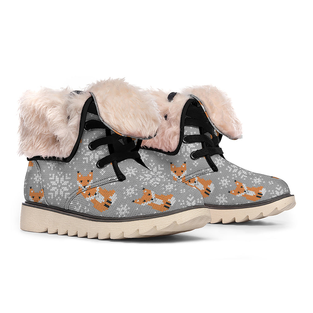 Snowy Fox Knitted Pattern Print Winter Boots