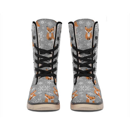 Snowy Fox Knitted Pattern Print Winter Boots