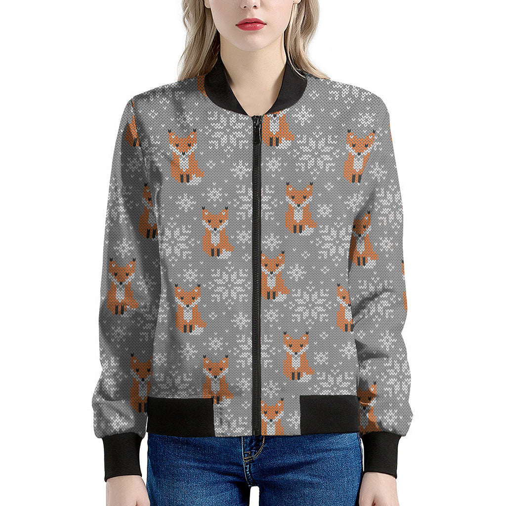 Snowy Fox Knitted Pattern Print Women's Bomber Jacket