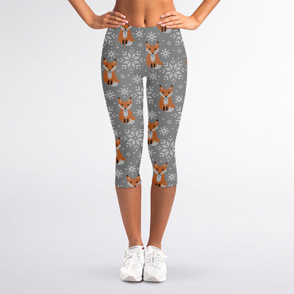 Snowy Fox Knitted Pattern Print Women's Capri Leggings