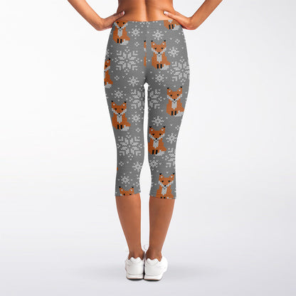 Snowy Fox Knitted Pattern Print Women's Capri Leggings