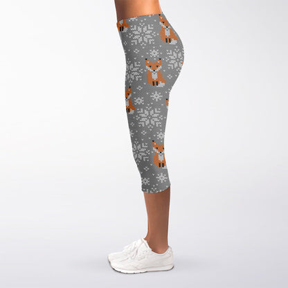 Snowy Fox Knitted Pattern Print Women's Capri Leggings