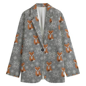 Snowy Fox Knitted Pattern Print Women's Cotton Blazer