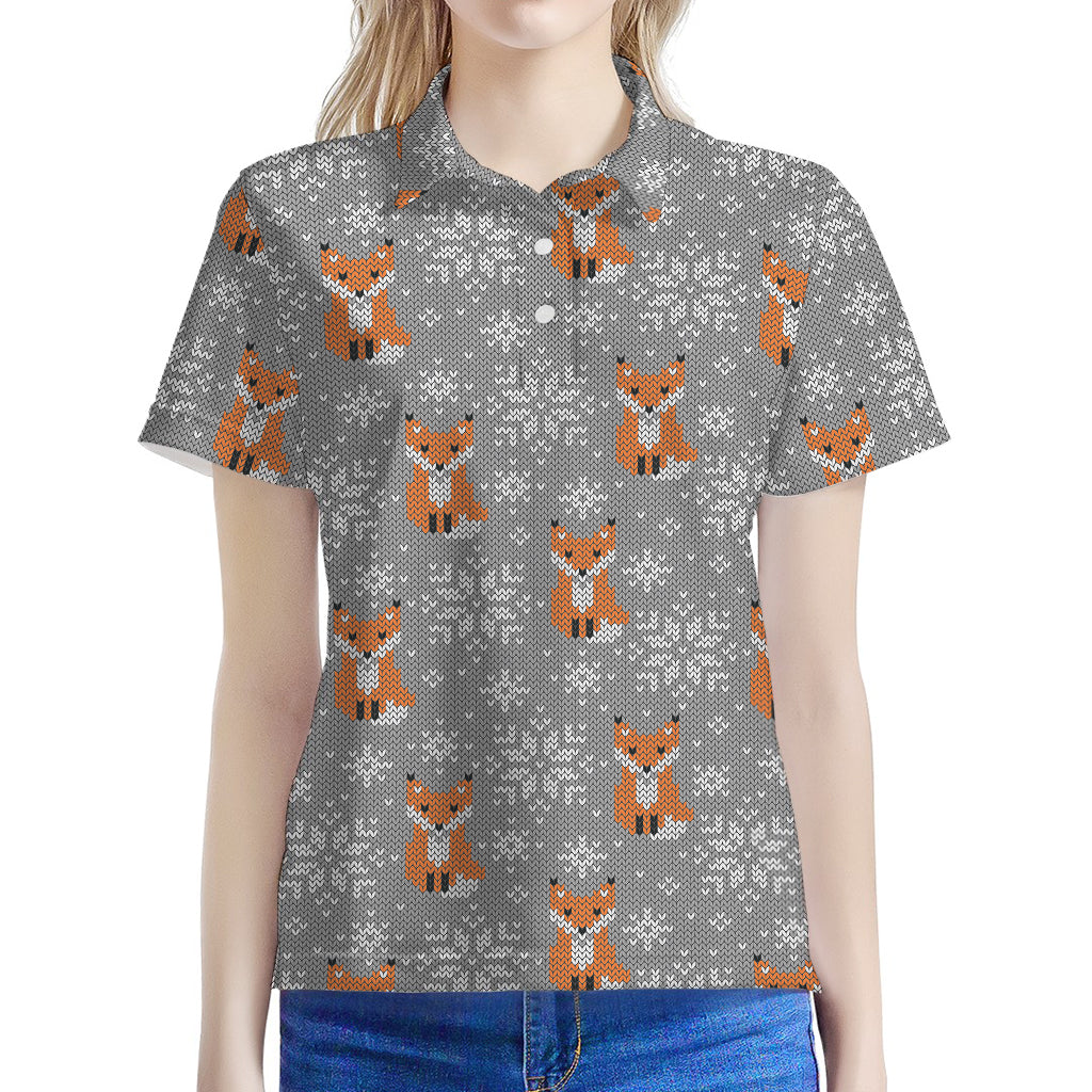 Snowy Fox Knitted Pattern Print Women's Polo Shirt