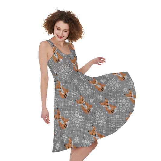 Snowy Fox Knitted Pattern Print Women's Sleeveless Dress
