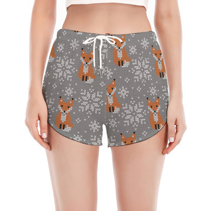 Snowy Fox Knitted Pattern Print Women's Split Running Shorts
