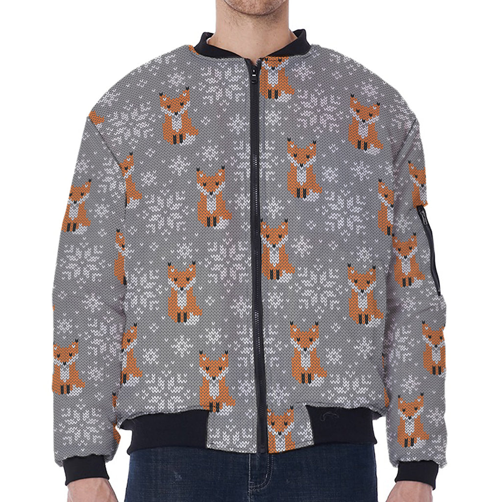 Snowy Fox Knitted Pattern Print Zip Sleeve Bomber Jacket