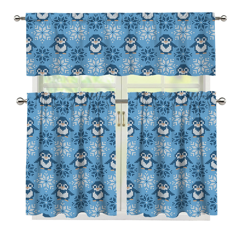 Snowy Penguin Knitted Pattern Print 3 Piece Kitchen Curtains