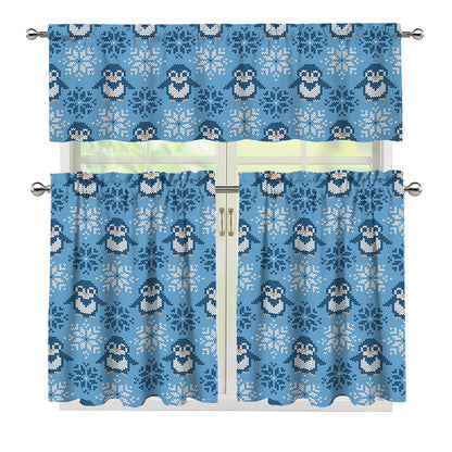Snowy Penguin Knitted Pattern Print 3 Piece Kitchen Curtains