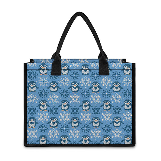 Snowy Penguin Knitted Pattern Print Canvas Tote Bag