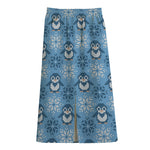 Snowy Penguin Knitted Pattern Print Cotton Front Slit Maxi Skirt