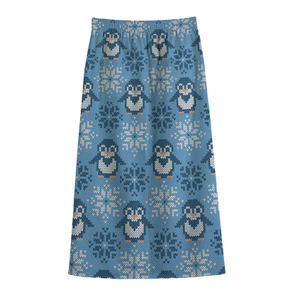 Snowy Penguin Knitted Pattern Print Cotton Front Slit Maxi Skirt