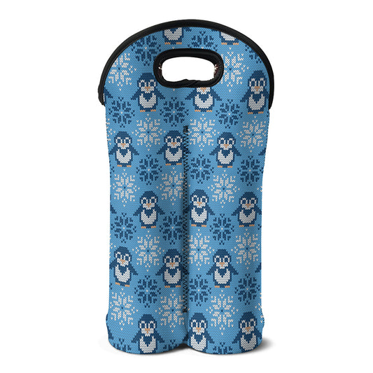 Snowy Penguin Knitted Pattern Print Double Neoprene Wine Tote