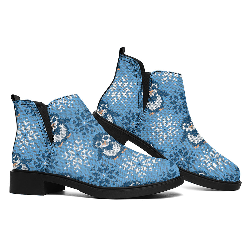 Snowy Penguin Knitted Pattern Print Flat Ankle Boots