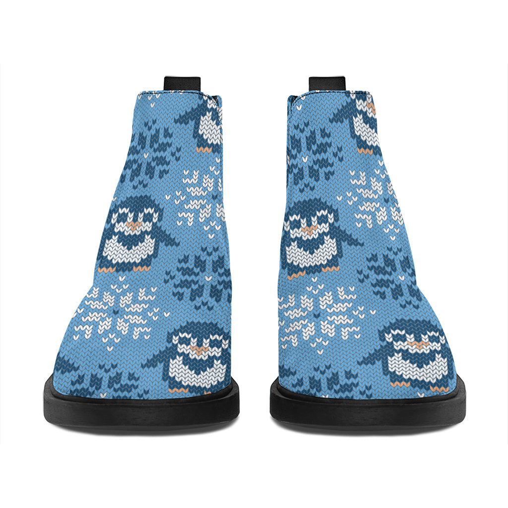 Snowy Penguin Knitted Pattern Print Flat Ankle Boots