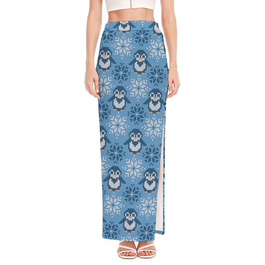 Snowy Penguin Knitted Pattern Print High Slit Maxi Skirt