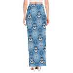 Snowy Penguin Knitted Pattern Print High Slit Maxi Skirt
