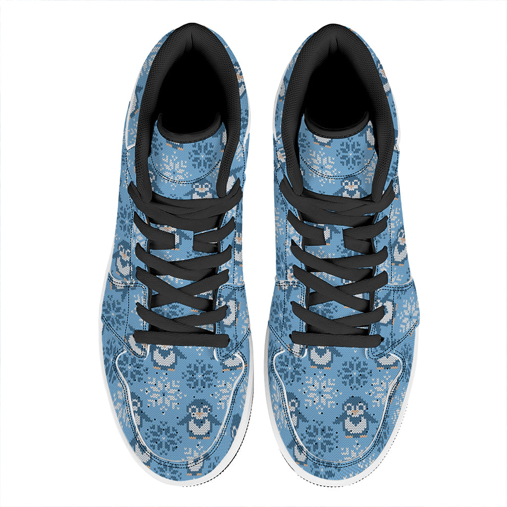Snowy Penguin Knitted Pattern Print High Top Leather Sneakers