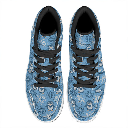Snowy Penguin Knitted Pattern Print High Top Leather Sneakers