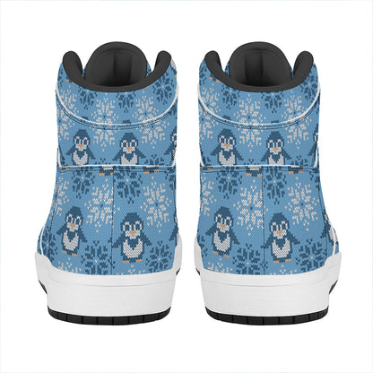 Snowy Penguin Knitted Pattern Print High Top Leather Sneakers