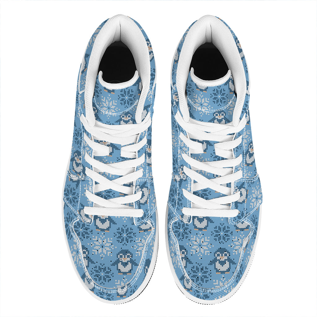 Snowy Penguin Knitted Pattern Print High Top Leather Sneakers
