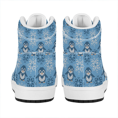 Snowy Penguin Knitted Pattern Print High Top Leather Sneakers
