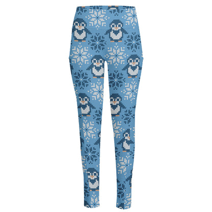 Snowy Penguin Knitted Pattern Print High-Waisted Pocket Leggings